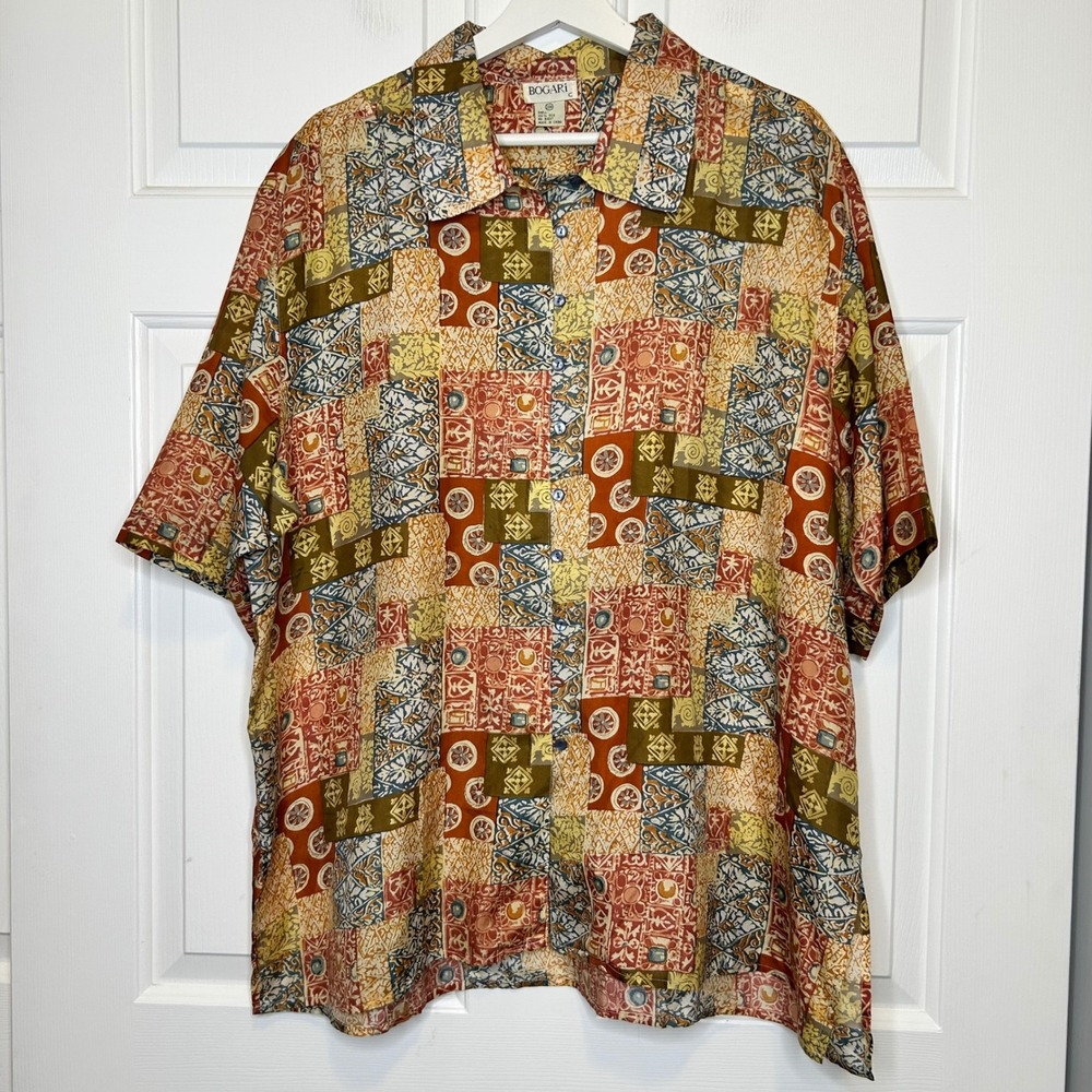 BOGARI Vintage 100% Silk Patchwork Camp Shirt Short Sleeve Women's‎ 20W